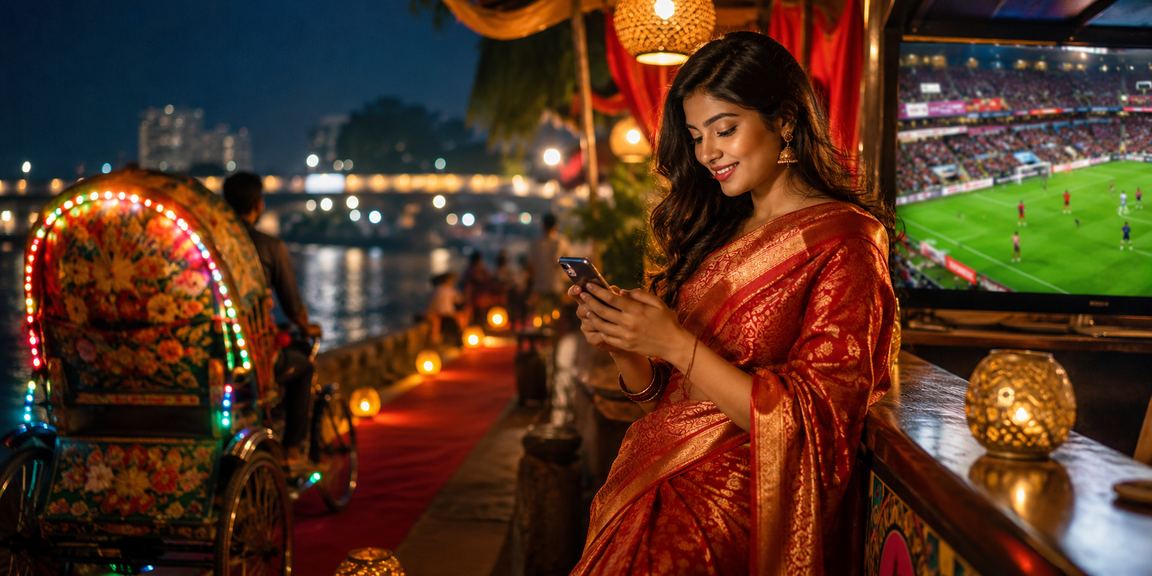 A user placing bets on 9995 football events on mobile, sitting beside a rickshaw in Dhaka